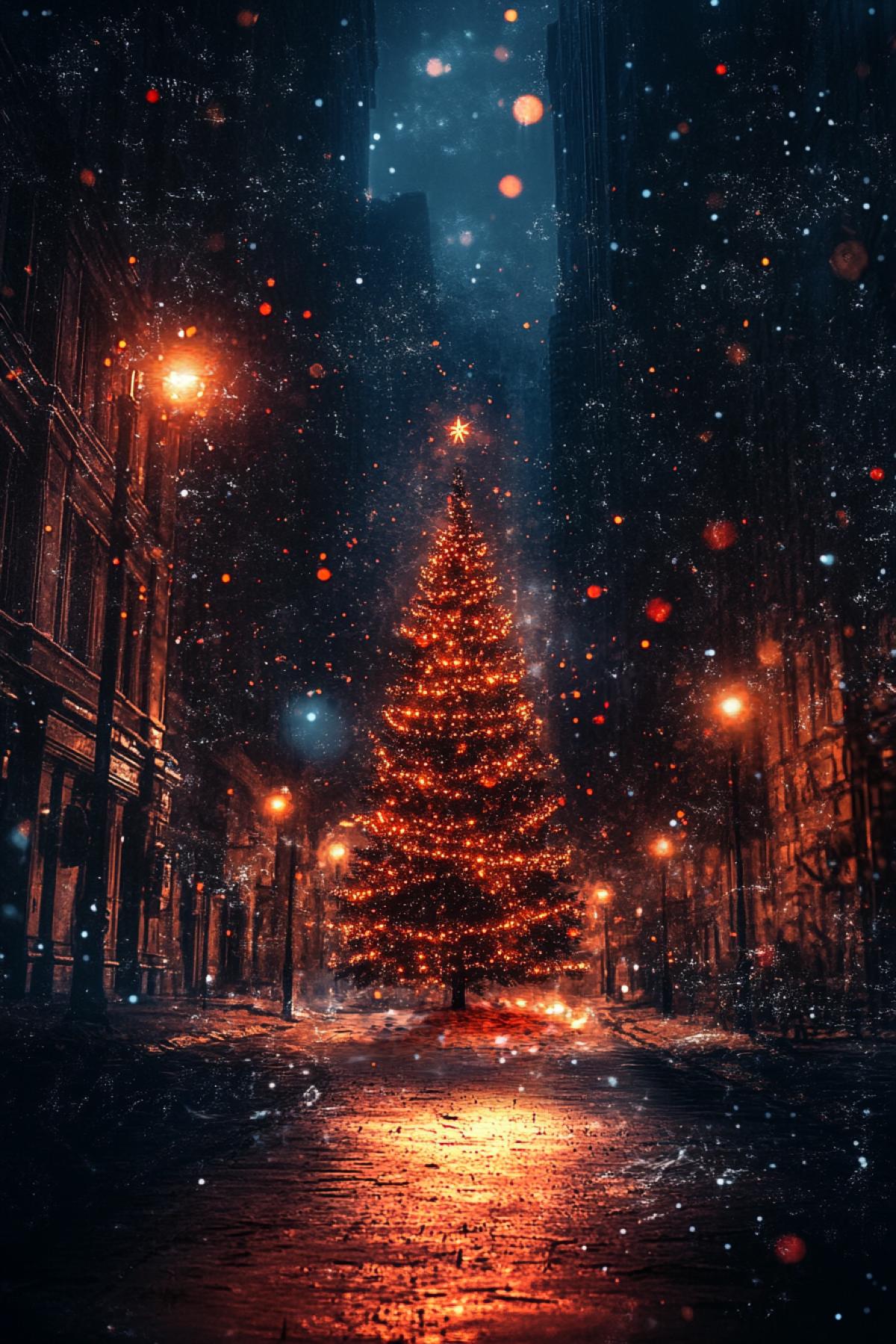 City holiday before the New Year, Gothic style, New Year tree, space, madness, flickering, realistic image, photoshop