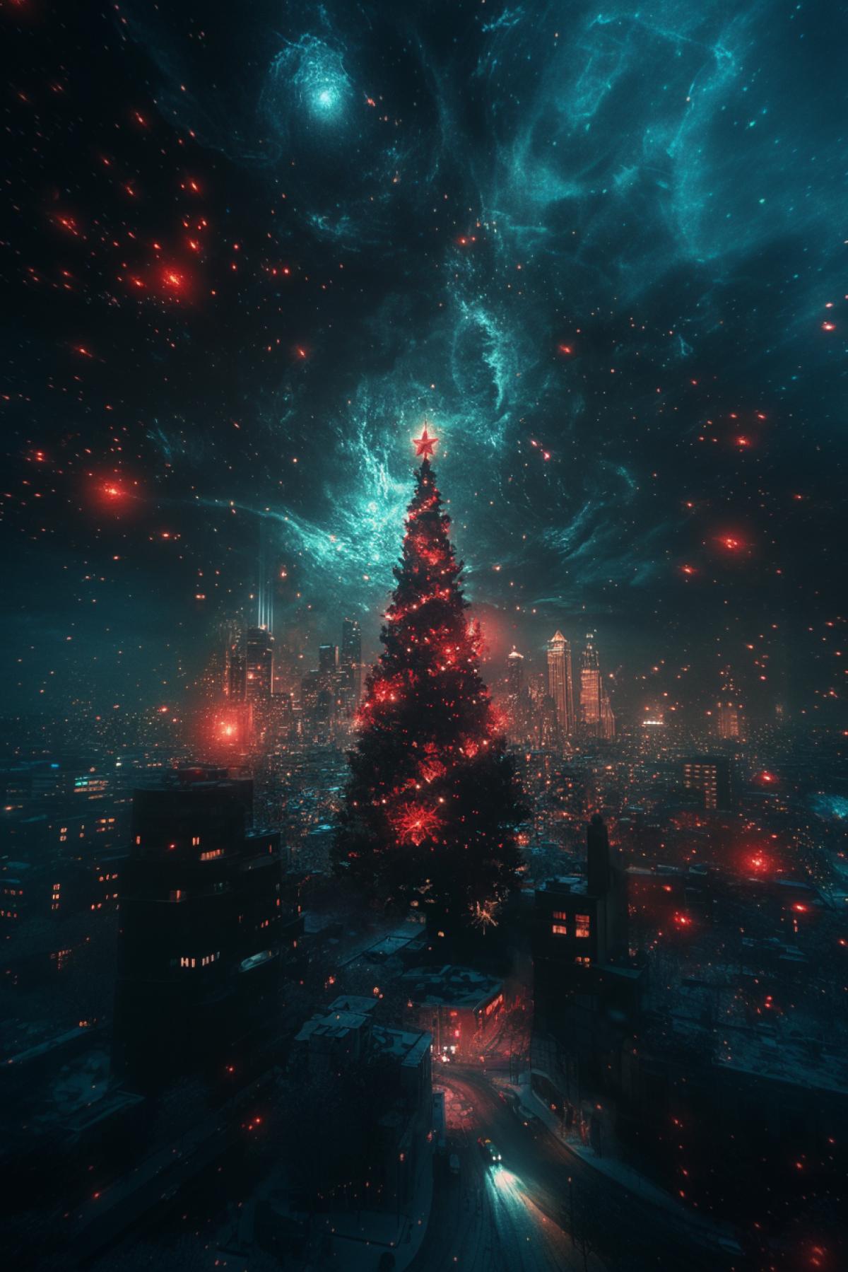 City holiday before the New Year, Gothic style, New Year tree, space, madness, flickering, realistic image, photoshop