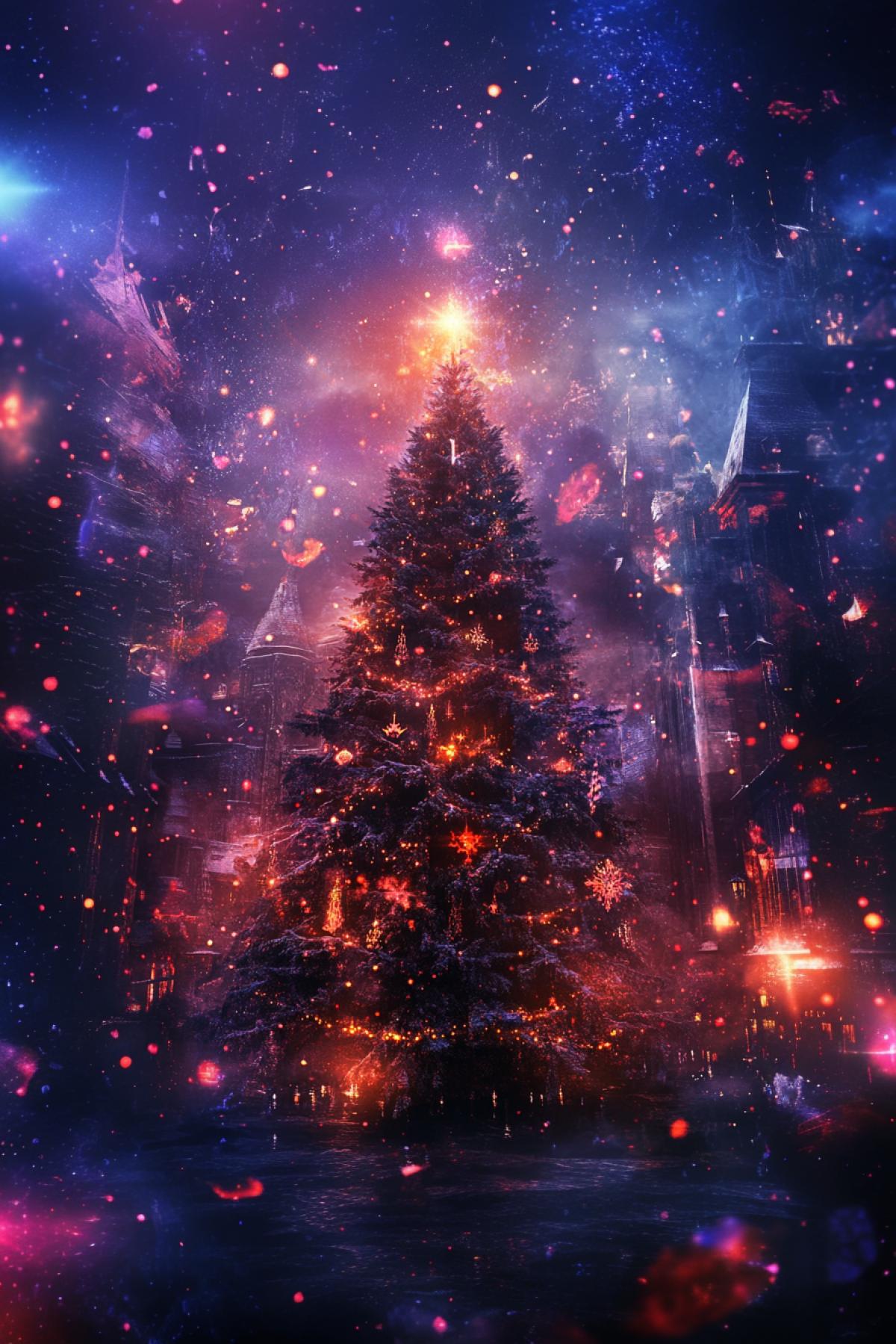 City holiday before the New Year, Gothic style, New Year tree, space, movement, madness, flickering, realistic image, photoshop
