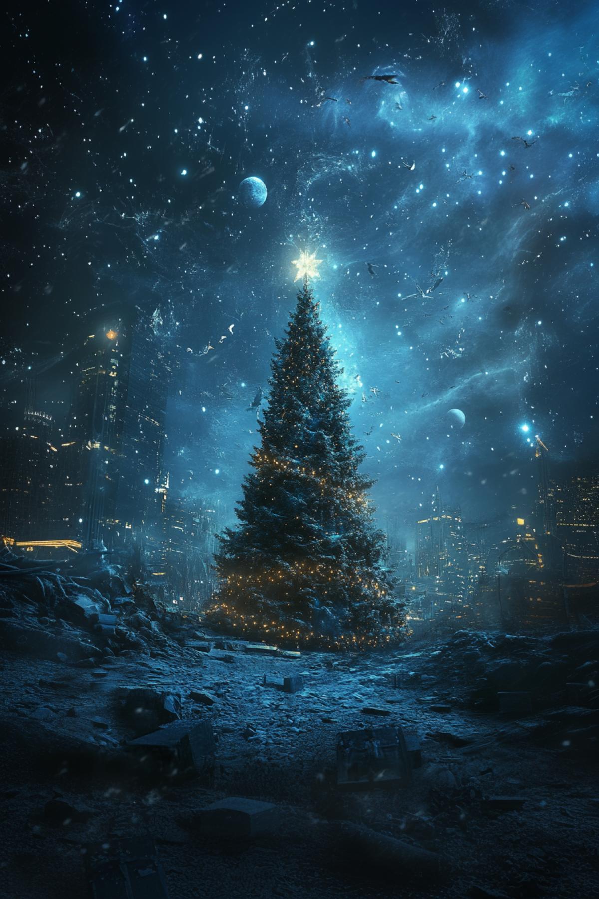City holiday before the New Year, Gothic style, New Year tree, space, madness, flickering, realistic image, photoshop