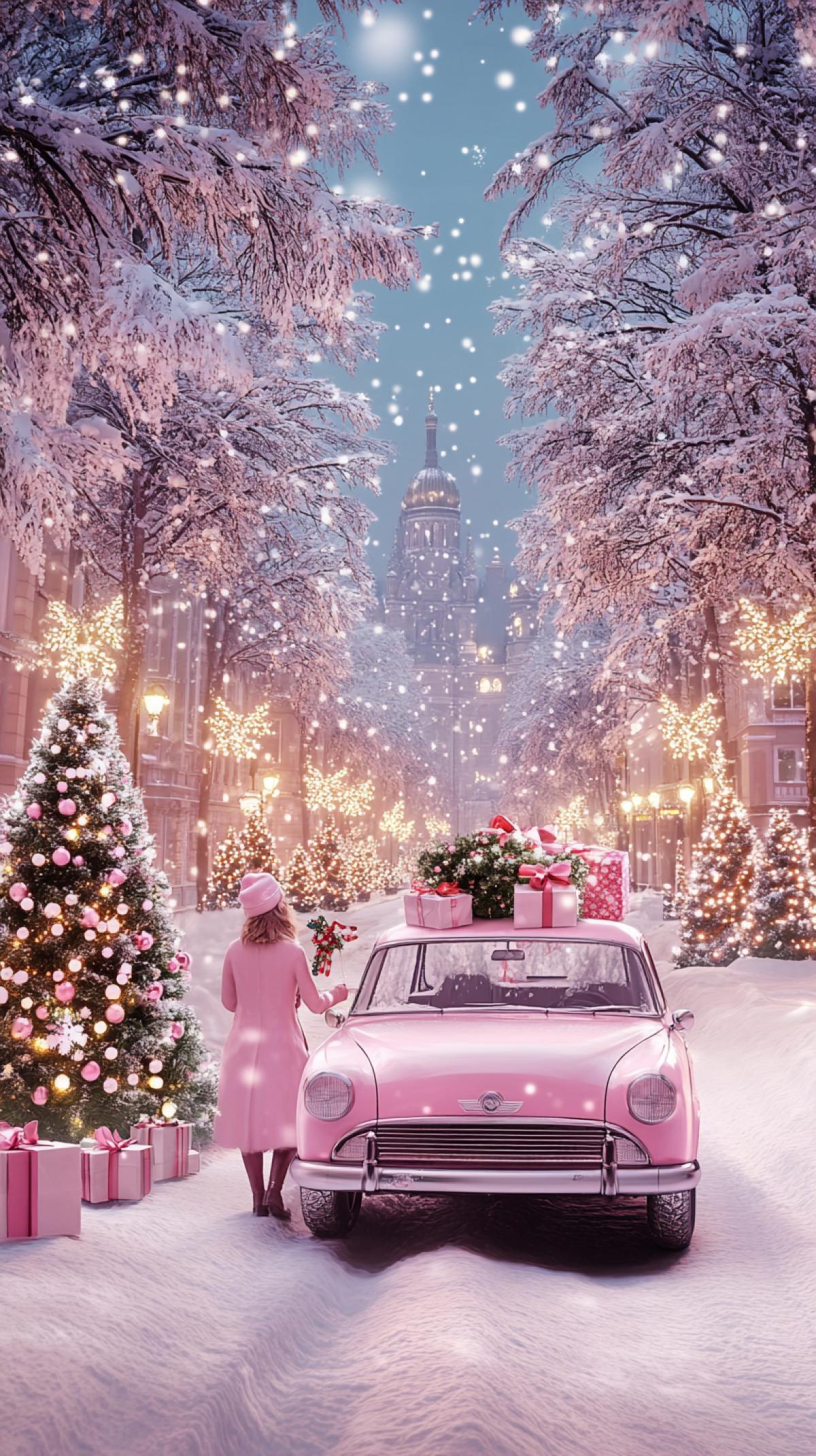 New Years atmosphere. Snowy city, lights and Christmas trees, with Moscow city in the background. Women carry gifts in their hands. Retro cars drive with Christmas trees tied to the roof and with gifts. The picture is magical, white pink delicate colors. Realistic high quality 4k photo