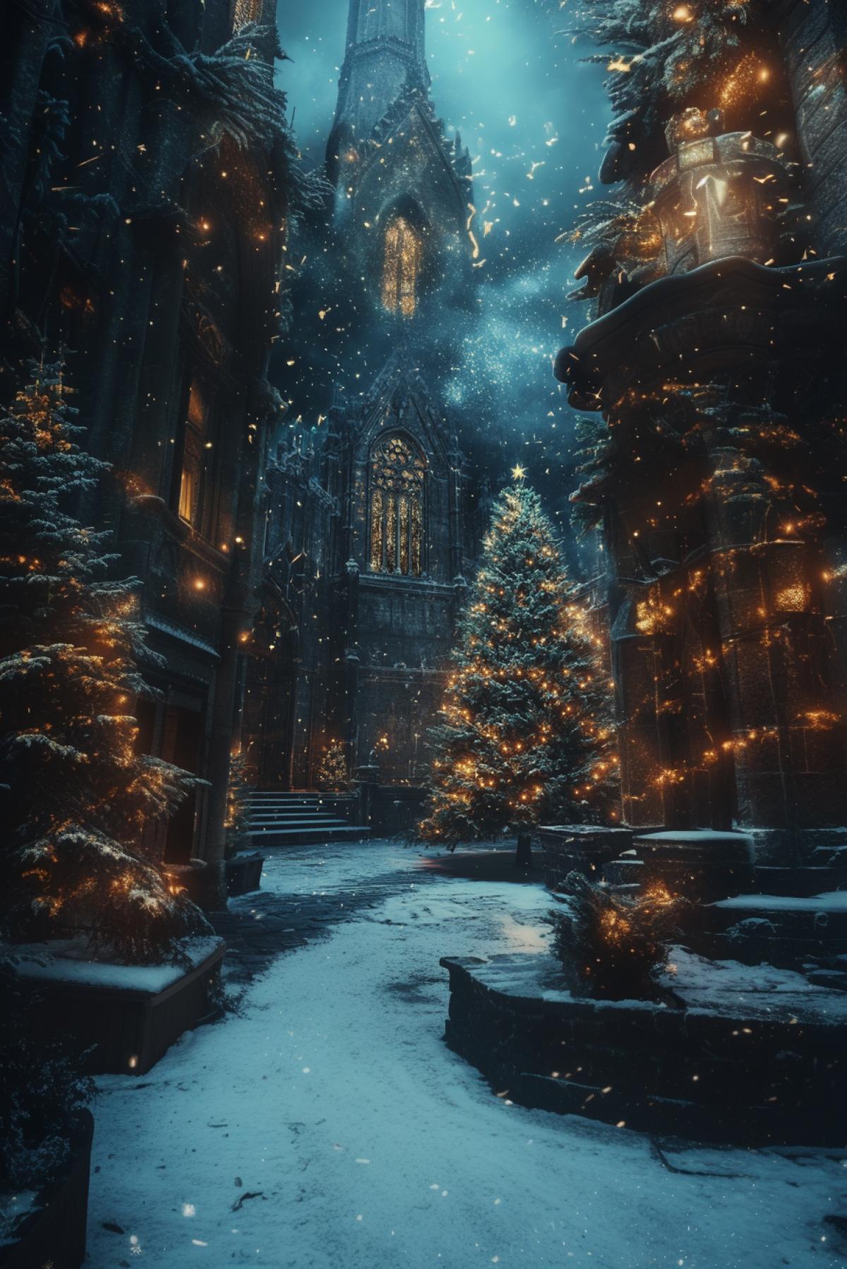 City holiday before the New Year, Gothic style, New Year tree, space, movement, madness, flickering, realistic image, photoshop