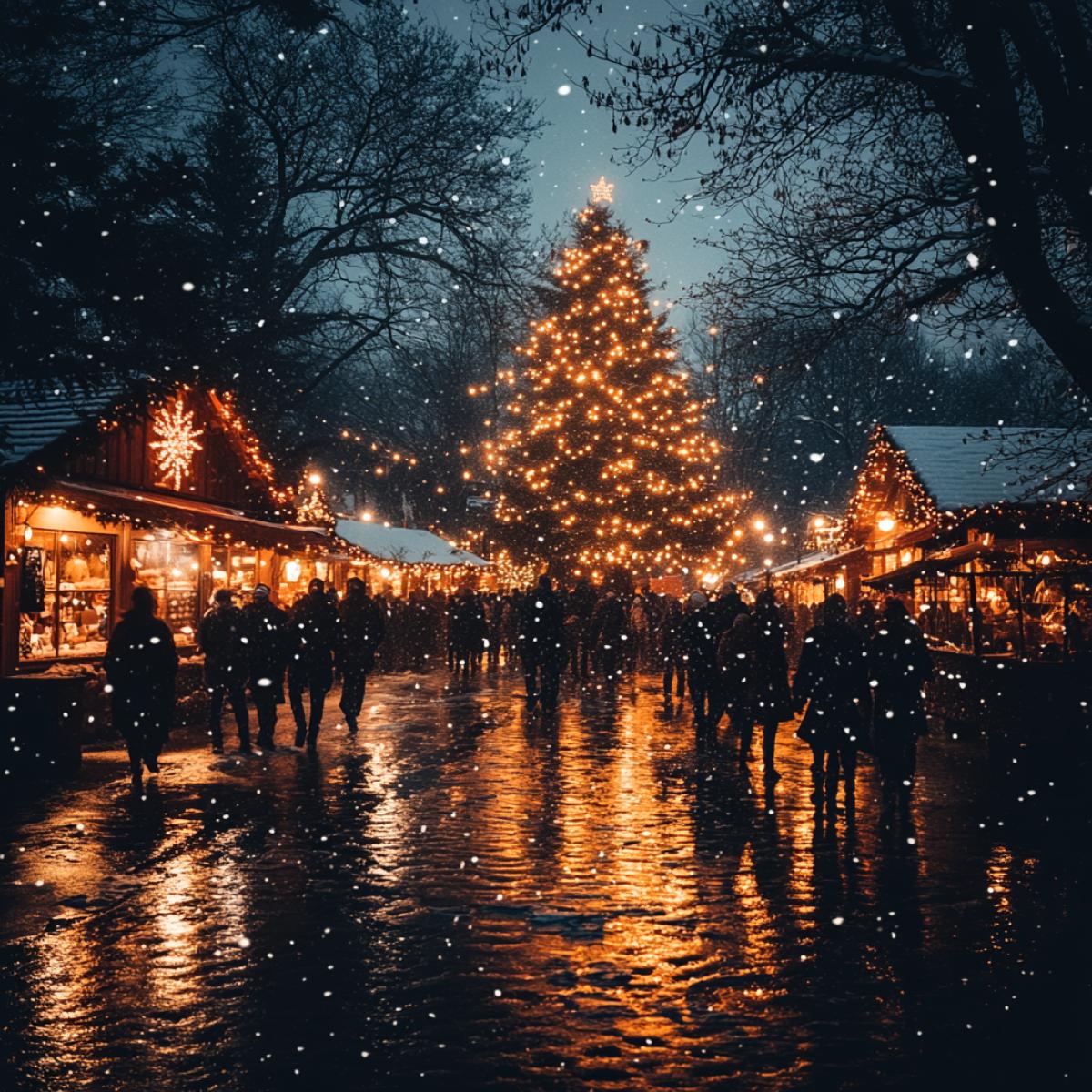 city street in the evening on New Years Eve, 25th century, snow, colored lights, illuminated shop windows, large Christmas tree, many people walking, festive, magical