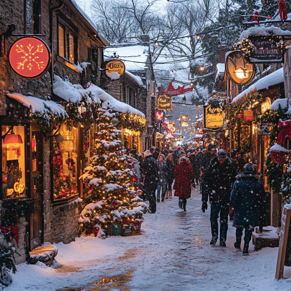 city street in the evening on New Years Eve, 25th century, snow, colored lights, illuminated shop windows, large Christmas tree, many people walking, festive, magical