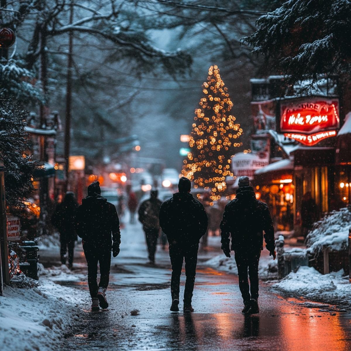 city street in the evening on New Years Eve, 25th century, snow, colored lights, illuminated shop windows, large Christmas tree, many people walking, festive, magical