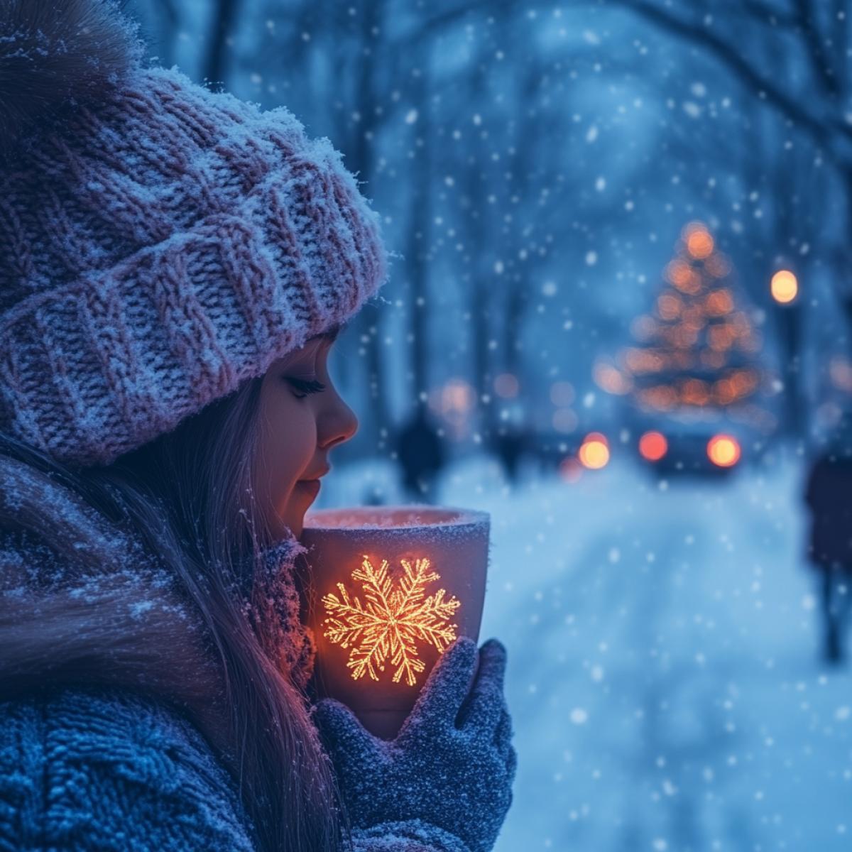little girl in a warm overalls holding a big glowing snowflake in her hands, background city street in the evening on New Years Eve, 25th century, snow, glowing houses, colored lights on street trees, glowing shop windows, a large Christmas tree on the square, a lot of people walking, and flying cars with burning lights, festive, magical, cyberpunk style photo