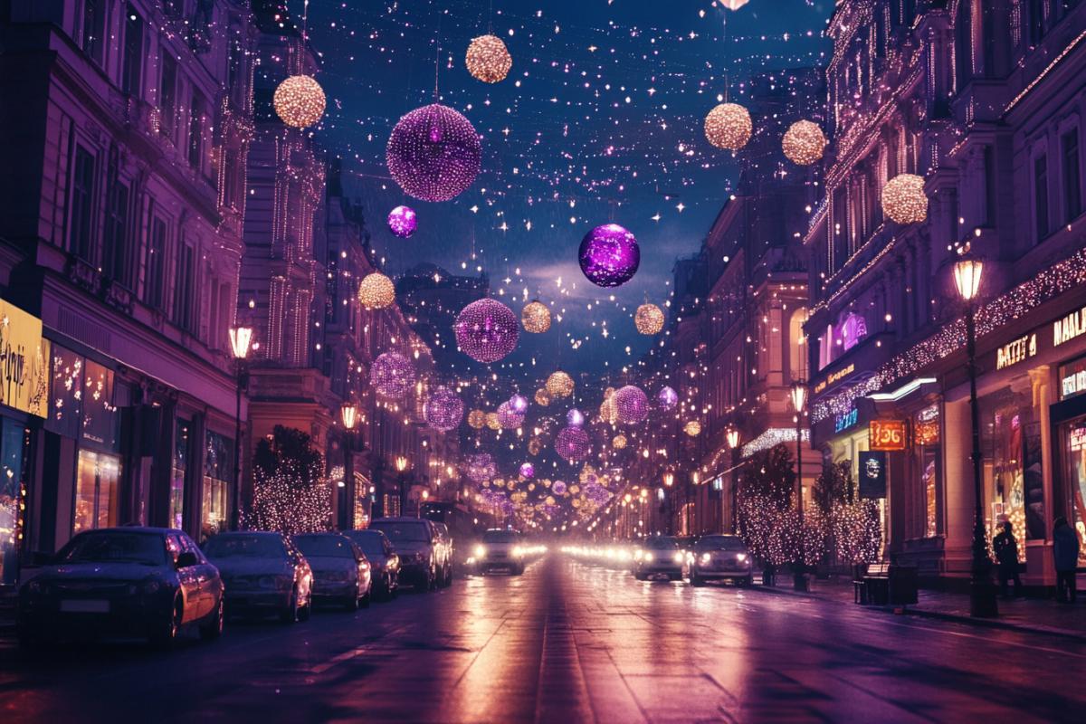 Urban alien street on the evening of New Years Eve, 2500, fantastic, futuristic, festive, magical, photo in lilac and gold colors, light as day from advertising, domes and towers of houses and festive illumination