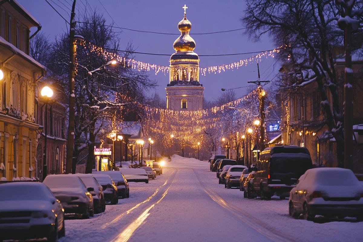 Urban alien street on the evening of New Years Eve, 2500, fantastic, futuristic, festive, magical, photo in lilac and gold colors, light as day from advertising, domes and towers of houses and festive illumination