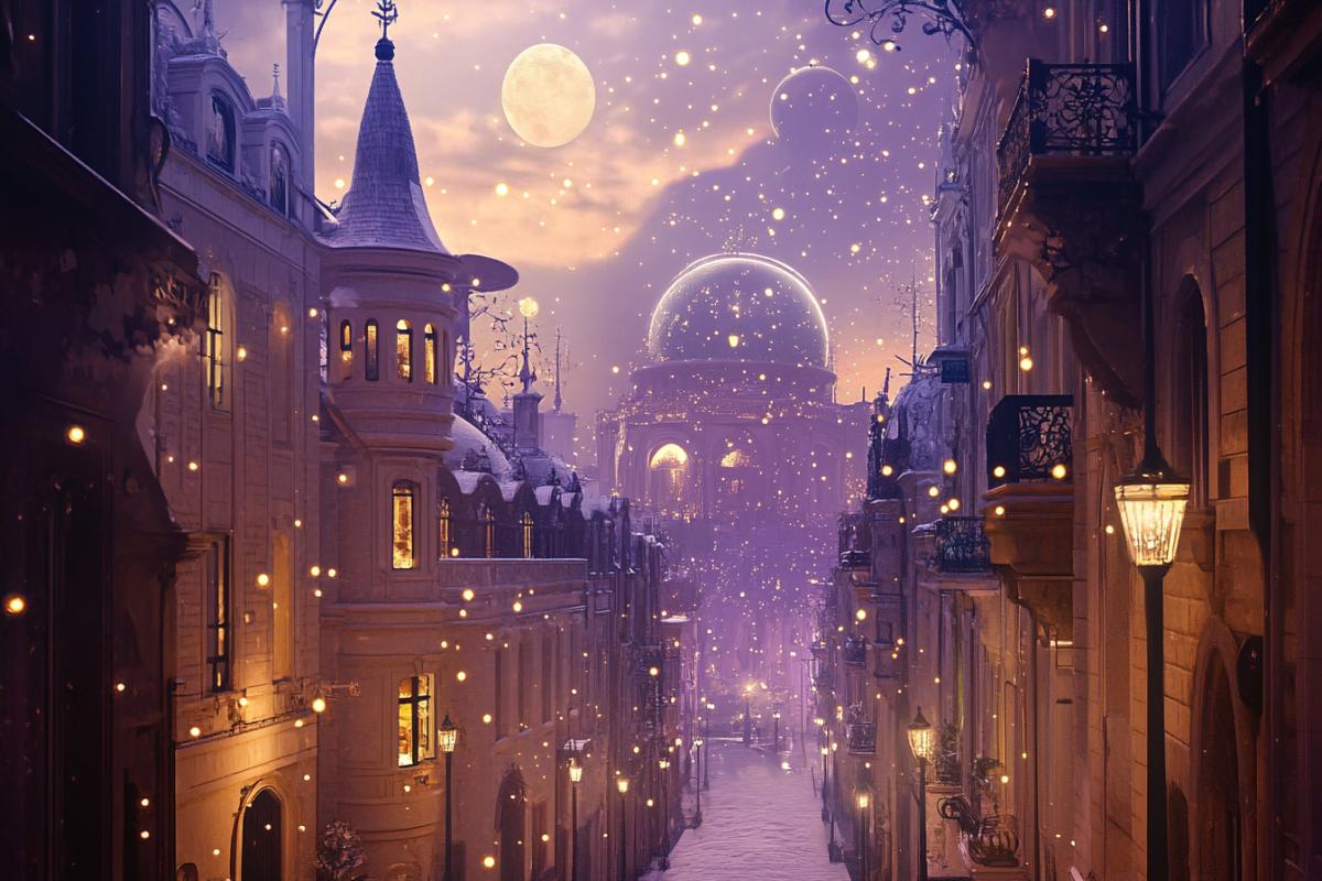 Urban alien street on the evening of New Years Eve, 2500, fantastic, futuristic, festive, magical, photo in lilac and gold colors, light as day from advertising, domes and towers of houses and festive illumination