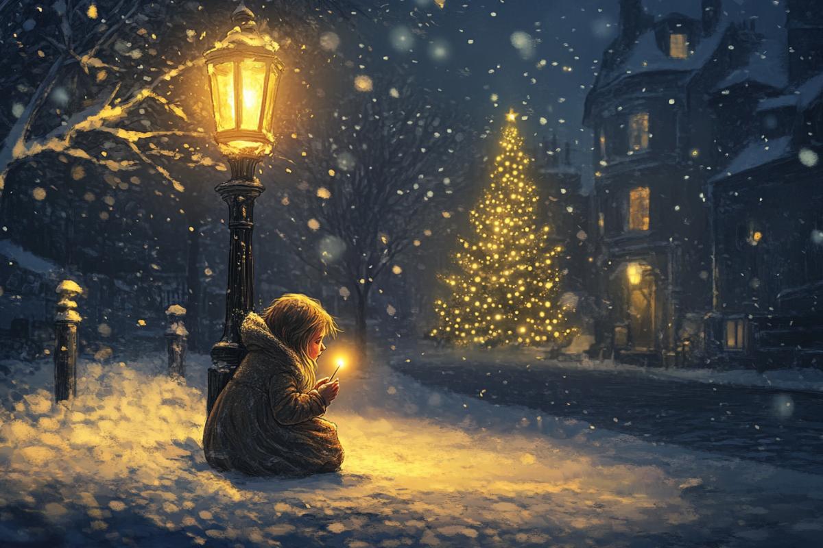 Illustration for a fairy tale: a girl with matches, a little girl on a New Year’s night street, curled up into a ball under a street lamp, early 30th century England, holding a lit match in her hands, the girl is frozen, a New Year’s tree in the background