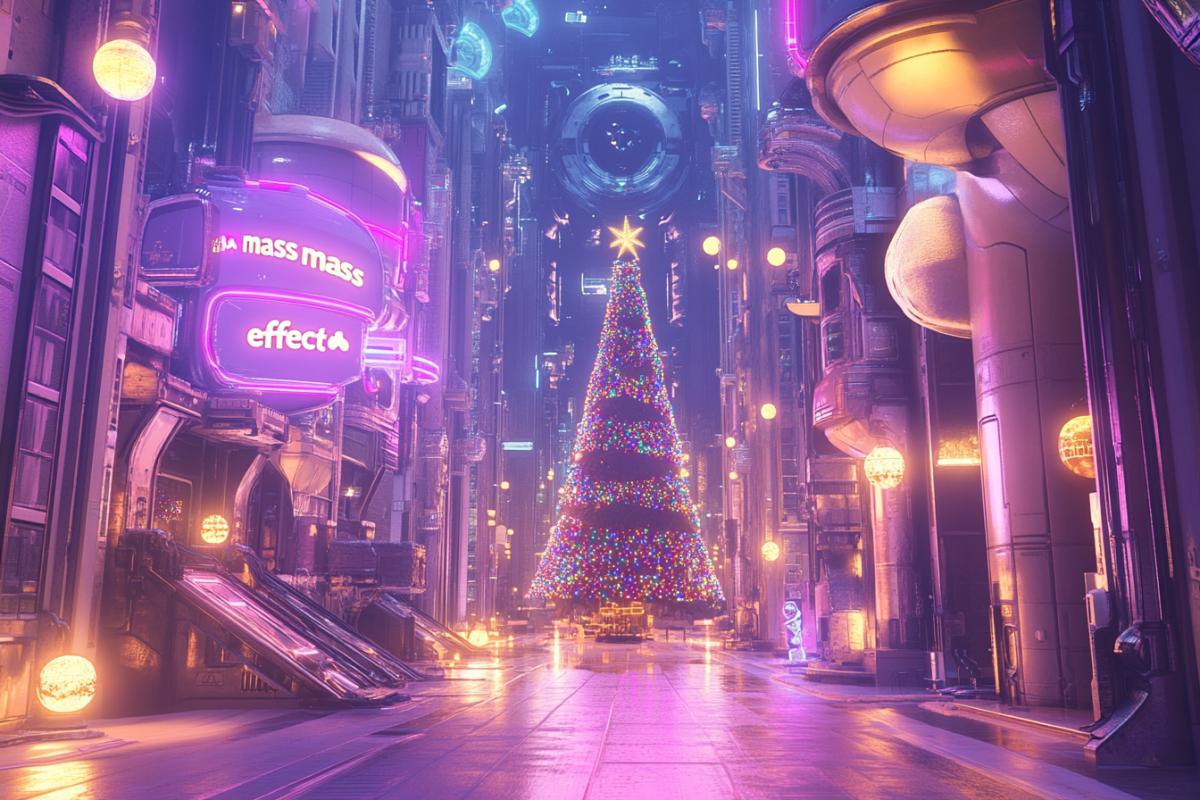Urban alien street in the evening on New Years Eve, 2500, fantastic, futuristic, festive, magical, photo in lilac and gold tones, light as day from advertising, domes and towers of houses and festive illumination, in the center in the distance is a classic Christmas tree, it is decorated with colored glowing figures, all this in the interior of a big space base, in the spirit of the game \"mass effect\".