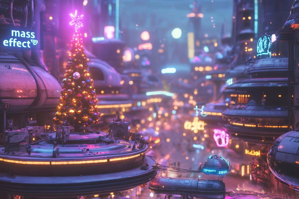 Urban alien street in the evening on New Years Eve, 2500, fantastic, futuristic, festive, magical, photo in lilac and gold tones, light as day from advertising, domes and towers of houses and festive illumination, in the center in the distance is a classic Christmas tree, it is decorated with colored glowing figures, all this in the interior of a big space base, in the spirit of the game \"mass effect\".