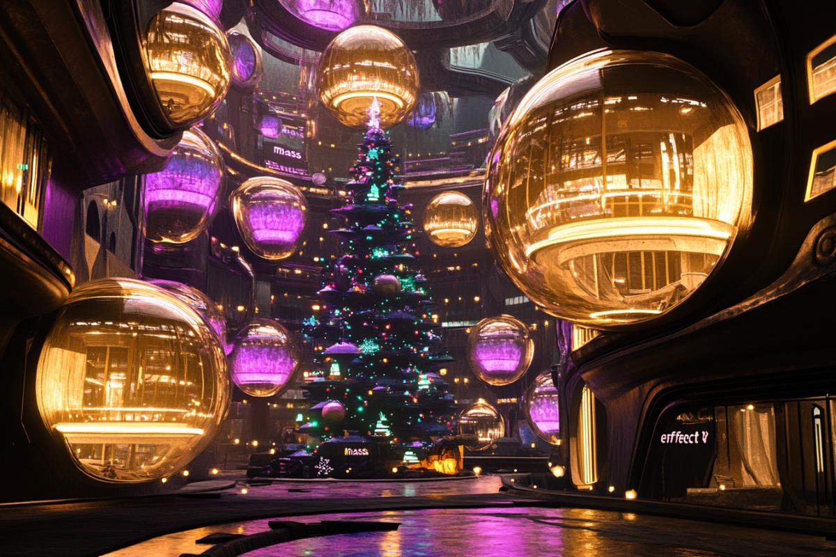 Urban alien street in the evening on New Years Eve, 2500, fantastic, futuristic, festive, magical, photo in lilac and gold tones, light as day from advertising, domes and towers of houses and festive illumination, in the center in the distance is a classic Christmas tree, it is decorated with colored glowing figures, all this in the interior of a big space base, in the spirit of the game \"mass effect\".