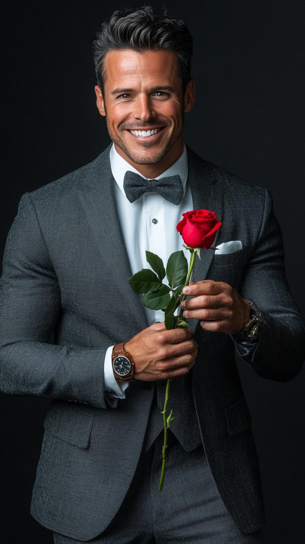 A stately handsome male actor in a classic gray suit, a white shirt, a bow tie, a watch on his hand, holds out one rose and smiles