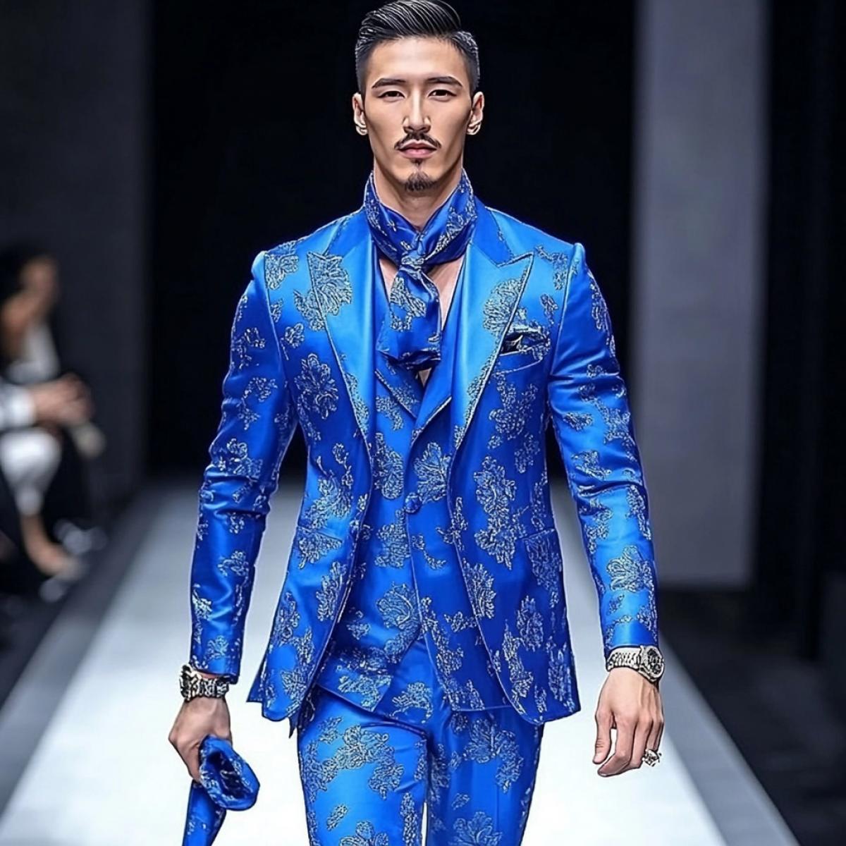 A man walks along the catwalk in a bright blue suit made of satin fabric with a flower pattern, a scarf on his neck under his shirt, a watch and rings on his hand, and bright blue shoes on his feet. Smiling