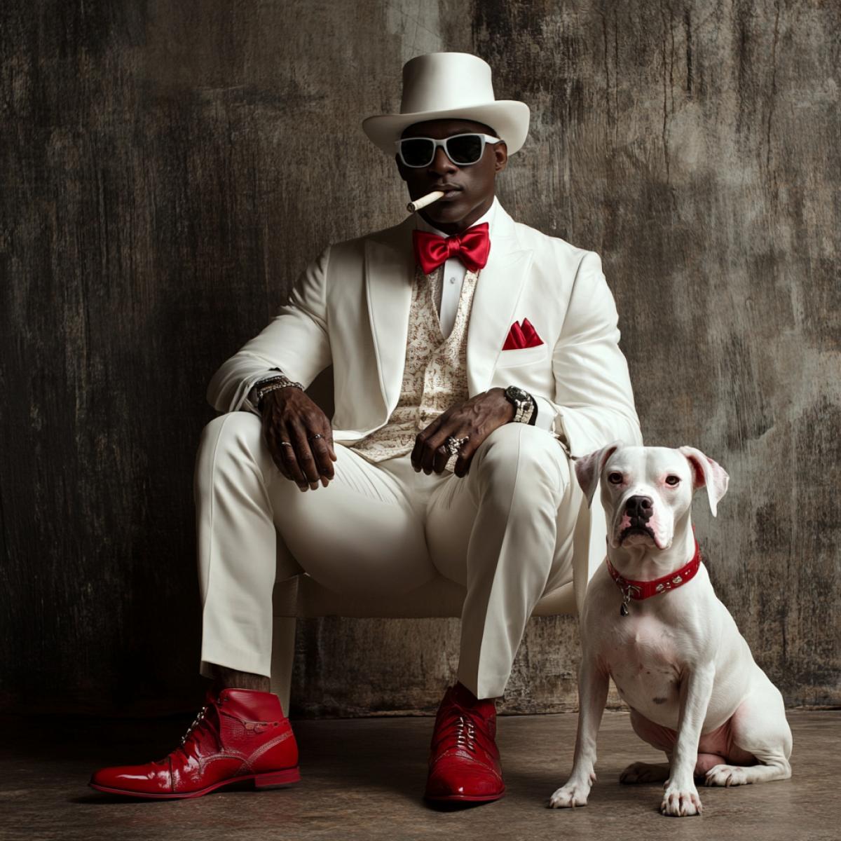 The fashion-obsessed dark man is dressed in a smart white suit and white hat. Red shoes and a red bow tie. A cigar in his mouth and wearing dark glasses. Nearby is a white purebred dog on a leash