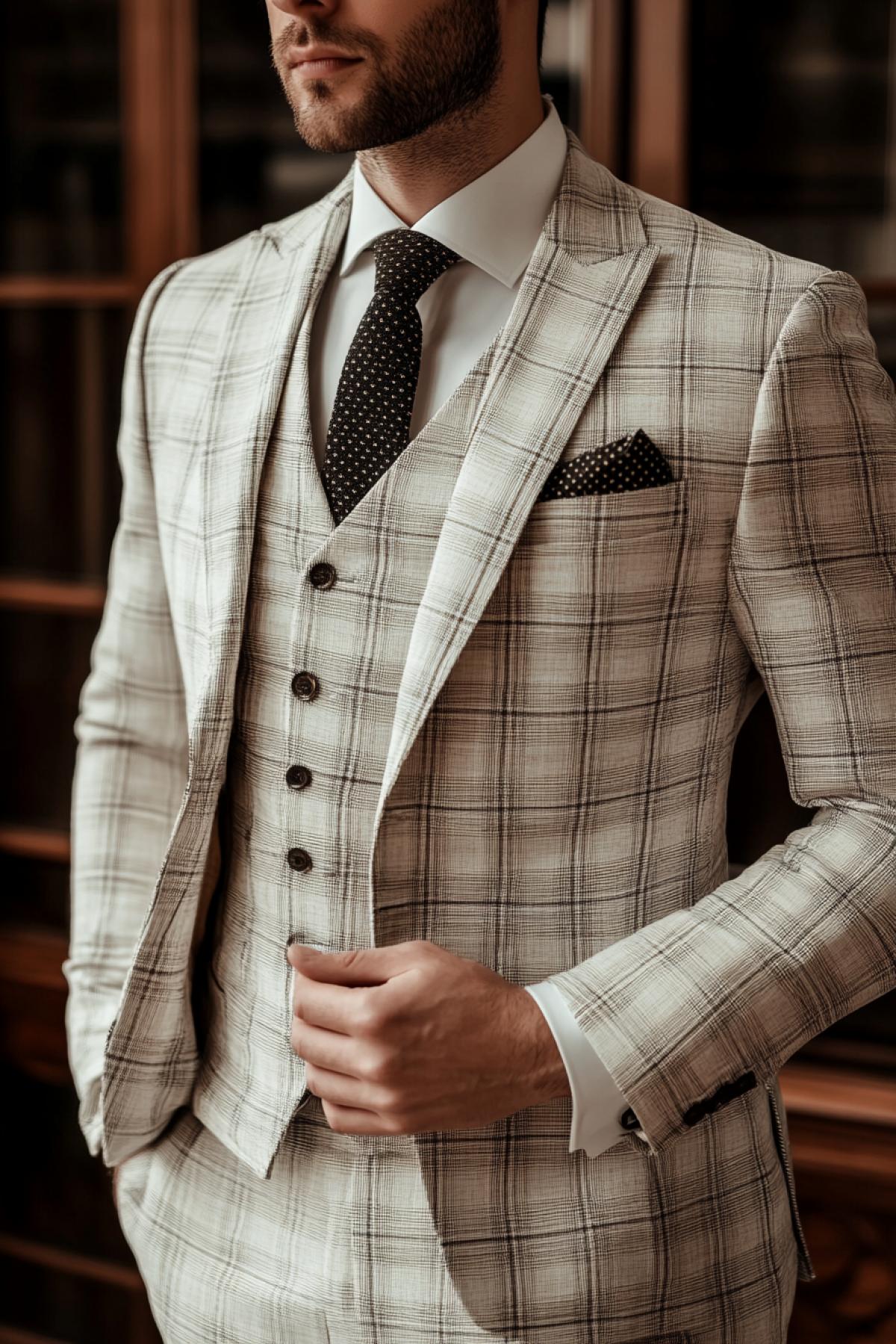 A man in a white classic checked suit, with a torso, style, fashion, beauty, aesthetics, flicker, realistic image, photoshop