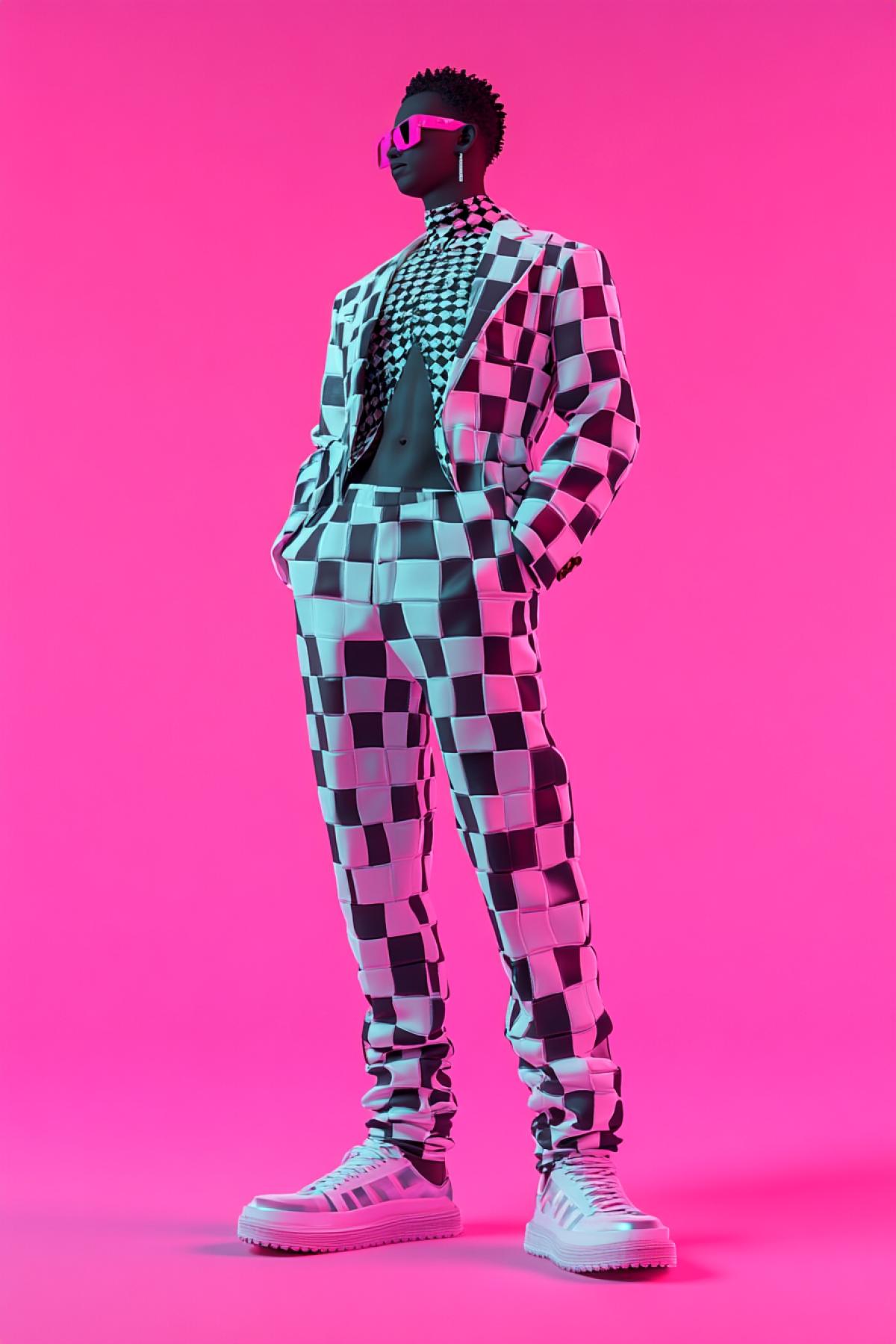 Character 3D Colorful, colors, UItra, 3D render, 16K, q 5 ar 2:3A man in a white classic checkered suit, with a torso, style, fashion, beauty, aesthetics, flicker, realistic image, photoshop.