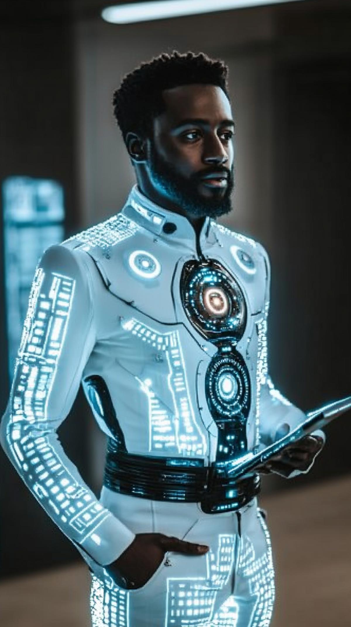 A man in a business futuristic futuristic suit of the future