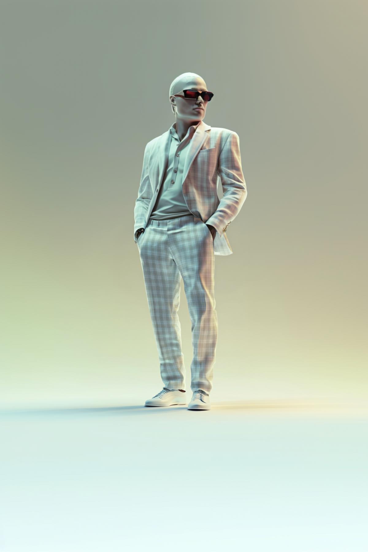 Character 3D Colorful, colors, UItra, 3D render, 16K, q 5 ar 2:3A man in a white classic checkered suit, with a torso, style, fashion, beauty, aesthetics, flicker, realistic image, photoshop.