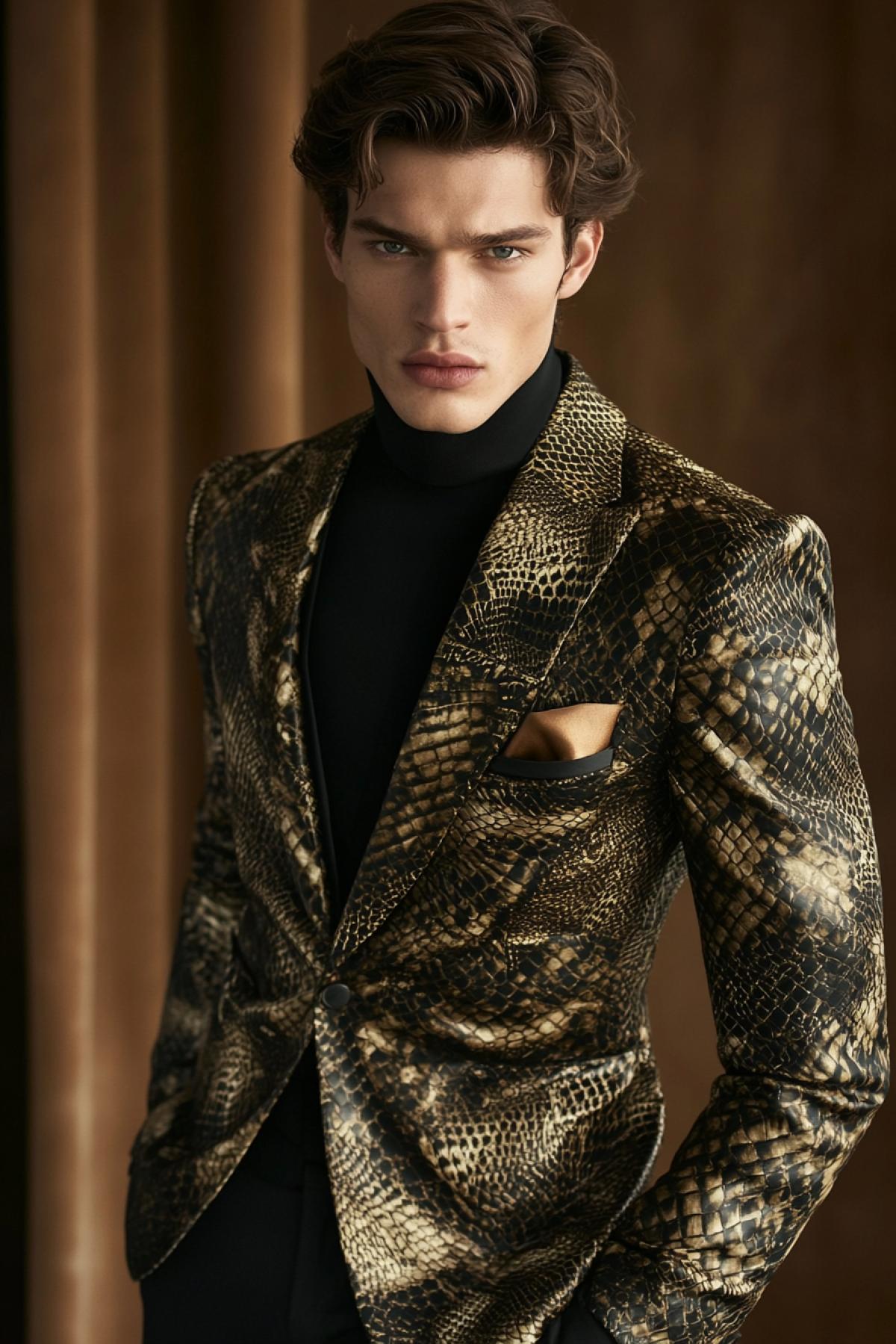a man in a classic snake krinth suit. fashion trend 2025 style, fashion, beauty, aesthetics, flicker, realistic image, photoshop