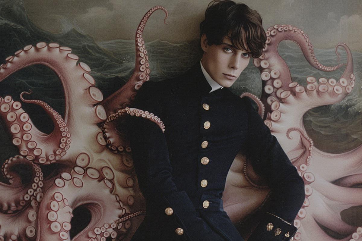 A man in a noble frock coat shows off in front of octopuses in St. Petersburg