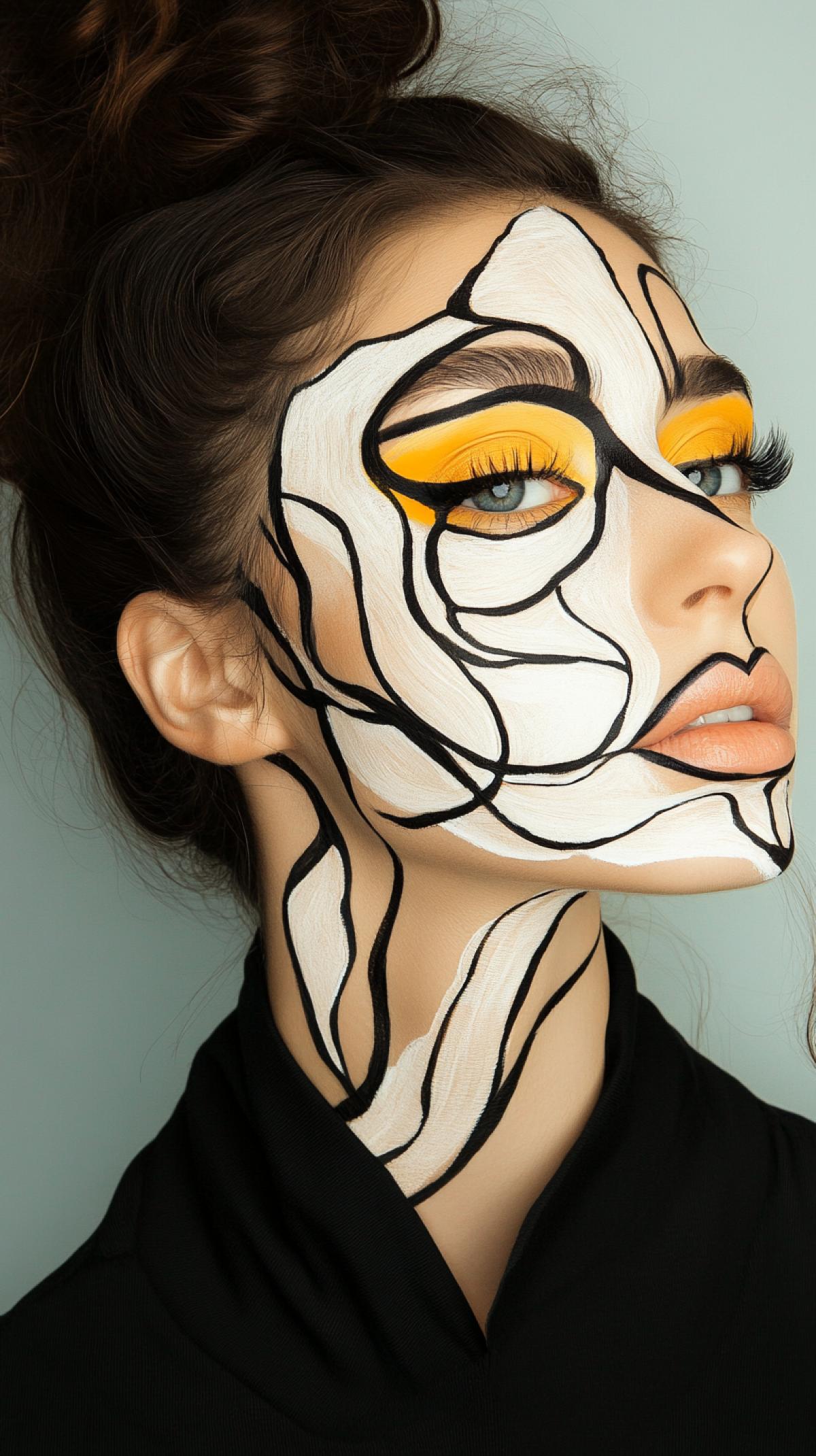 Makeup with art drawings on the face extending to the neck of a cute girl