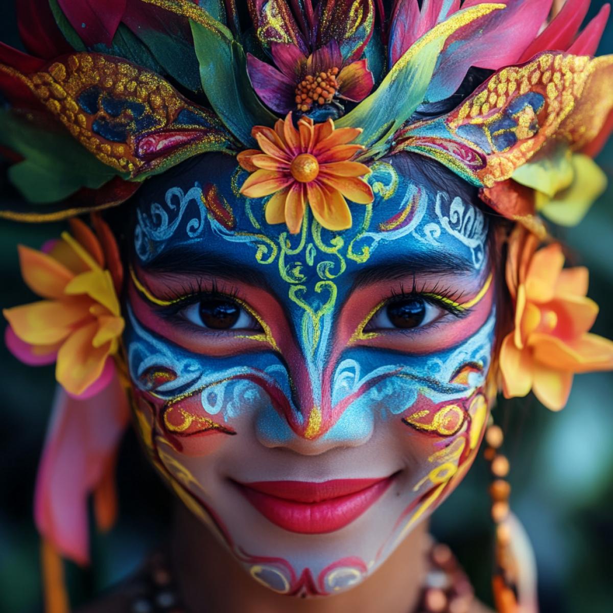 Girl face painting in Bali style, glowing colors
