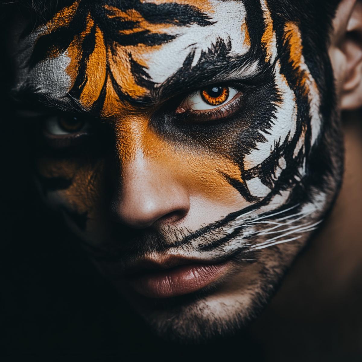 cool man with makeup on his face in the form of a tiger