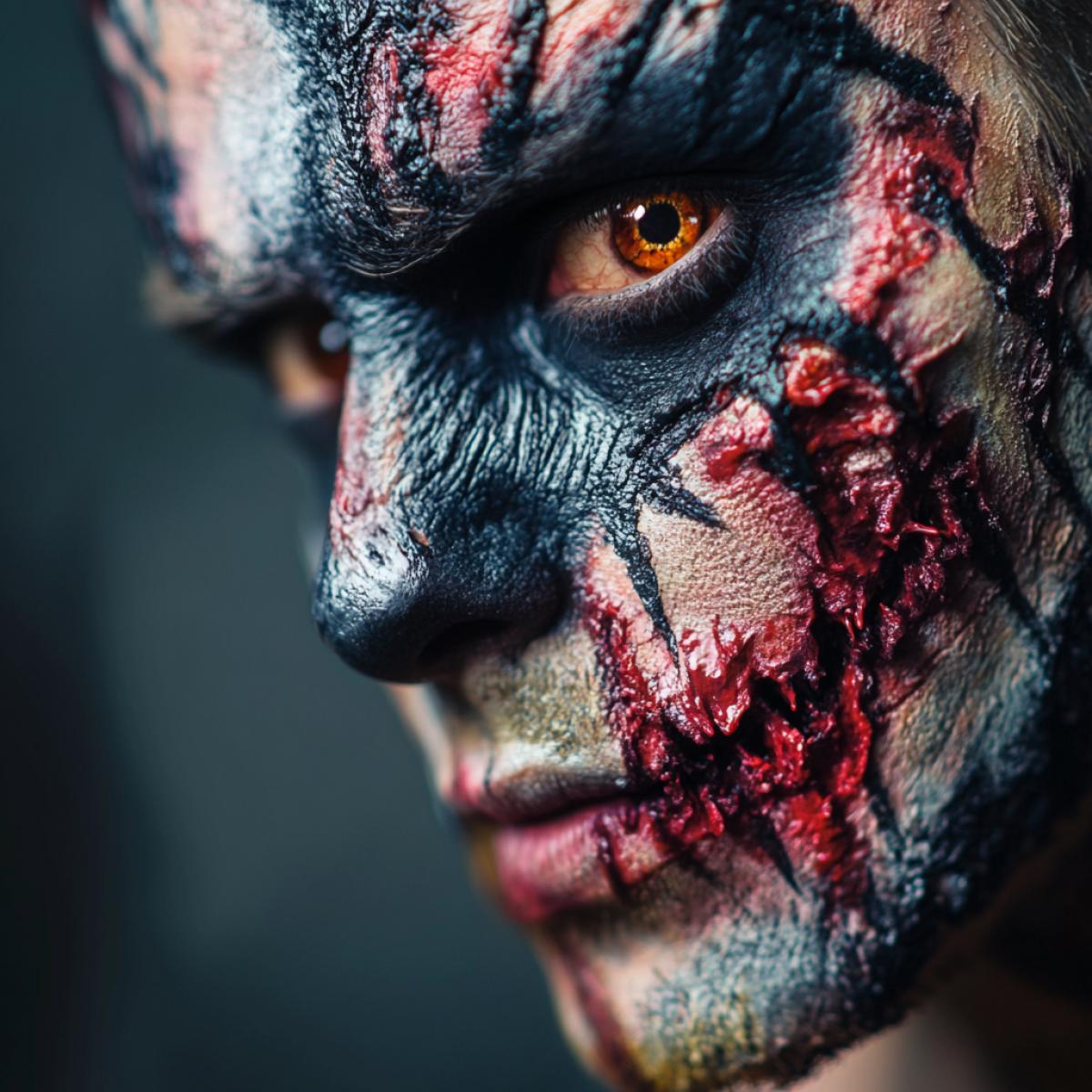 Mans face with horror movie monster makeup, high art, high quality, 4k photo