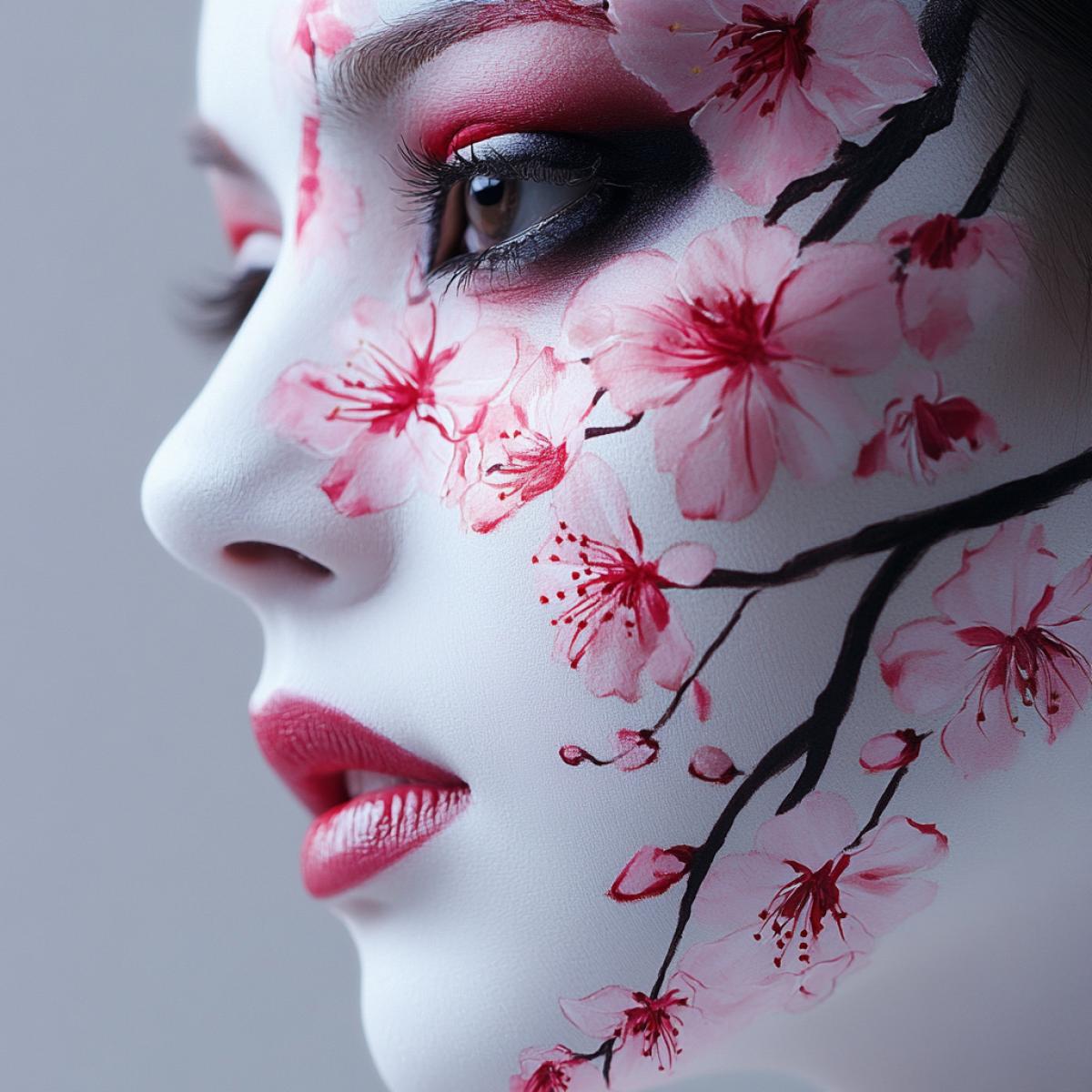 face art, womans face painted with sakura flowers