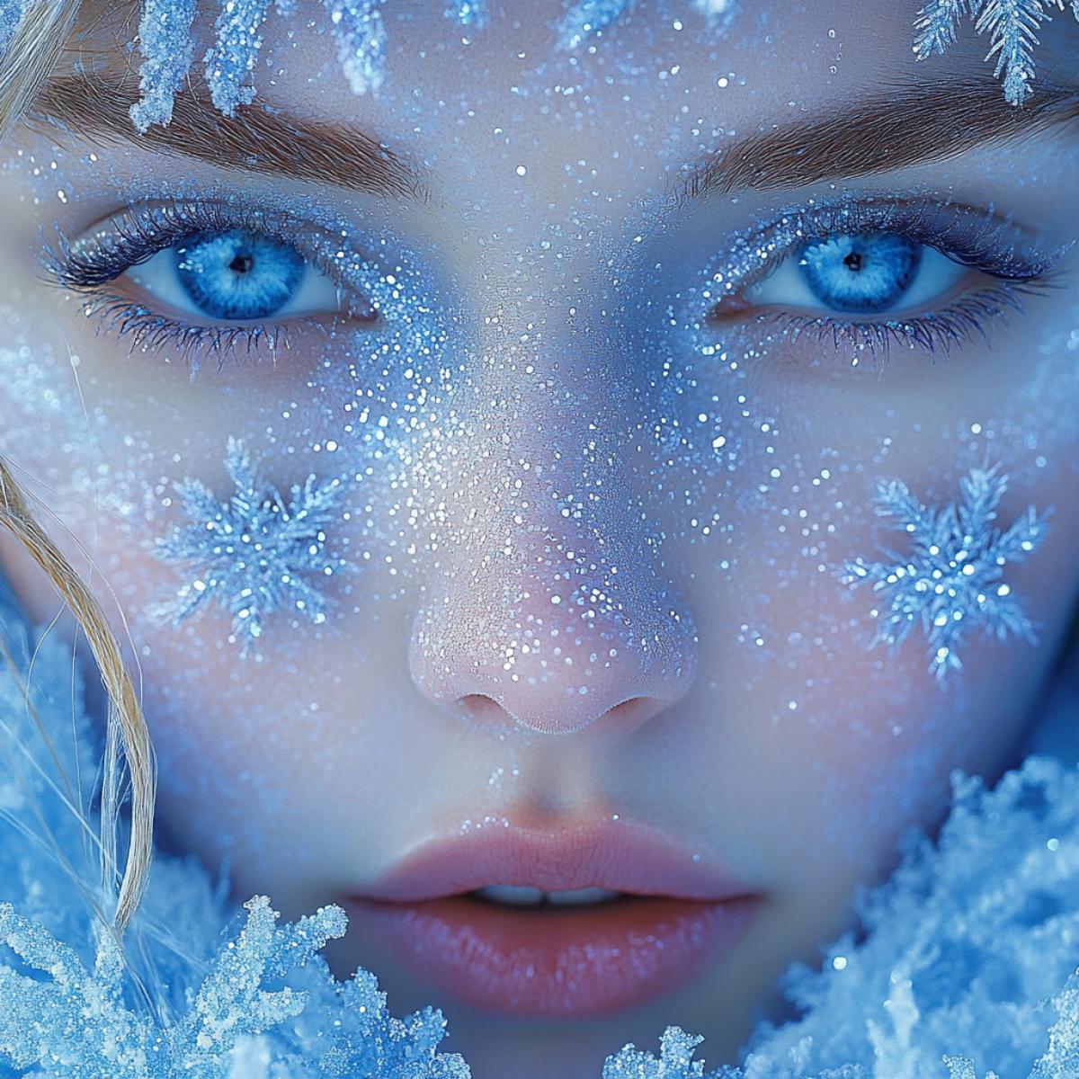 face art, a woman’s face painted with snowflakes and balls in blue and white, decorated with rhinestones, holiday