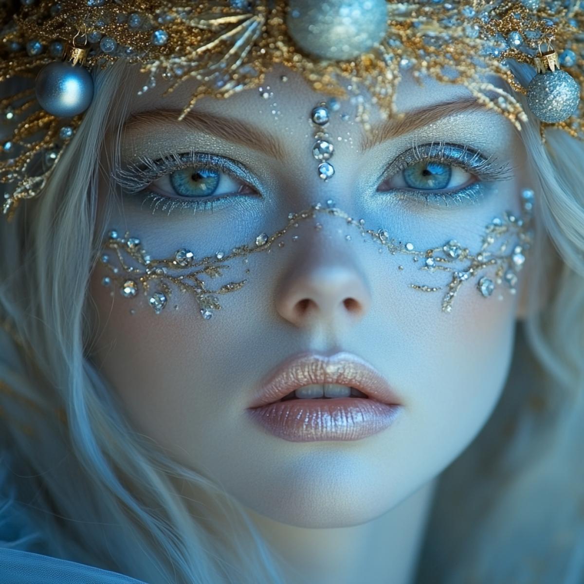 face art, a woman’s face painted with snowflakes and balls in blue and white, decorated with rhinestones, holiday