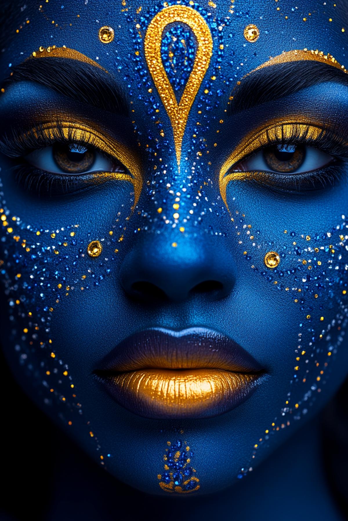 A beautiful womans face with gorgeous festive makeup and a luxurious hairstyle, a white dress with Swarovski crystals, a high royal collar, intricate blue and white patterns on her face, including elements of snowflakes and Swarovski rhinestones