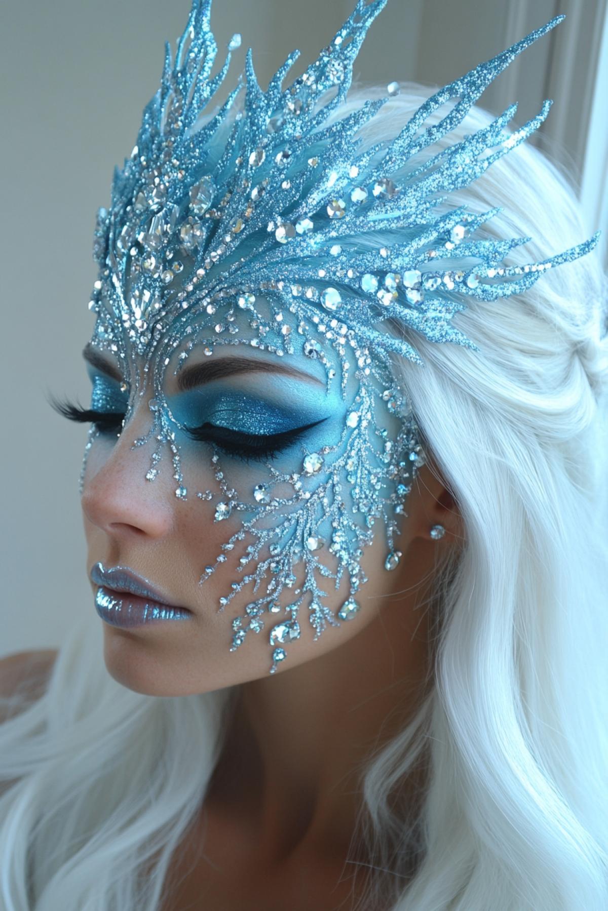 Beautiful female face with gorgeous holiday makeup, intricate white and blue patterns on the face including snowflake elements and swarovski rhinestones, luxurious hairstyle, white dress with swarovski crystals, high royal collar