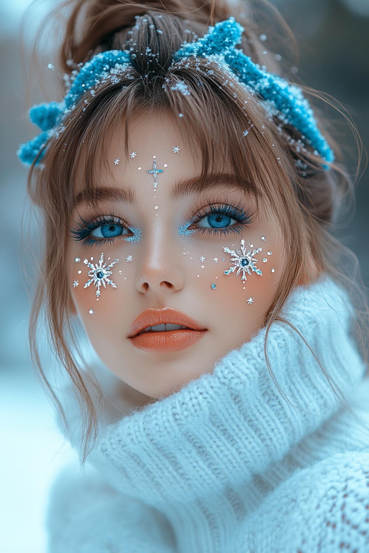 Beautiful female face with gorgeous holiday makeup, intricate white and blue patterns on the face including snowflake elements and swarovski rhinestones, luxurious hairstyle, white dress with swarovski crystals, high royal collar