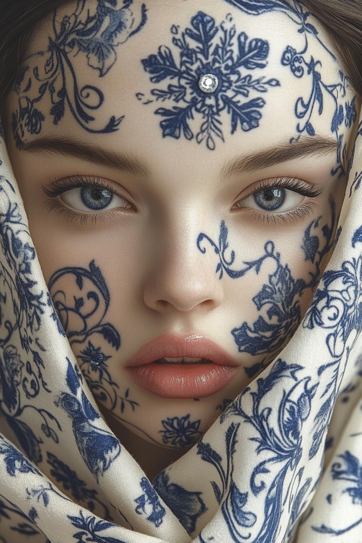 Snow Queen, a character from Andersens fairy tale, Beautiful face with gorgeous holiday makeup, expressive eyes, on the face of intricate blue and white patterns, including elements of snowflakes and swarovski rhinestones, luxurious hairstyle, white dress with swarovski crystals, high royal collar