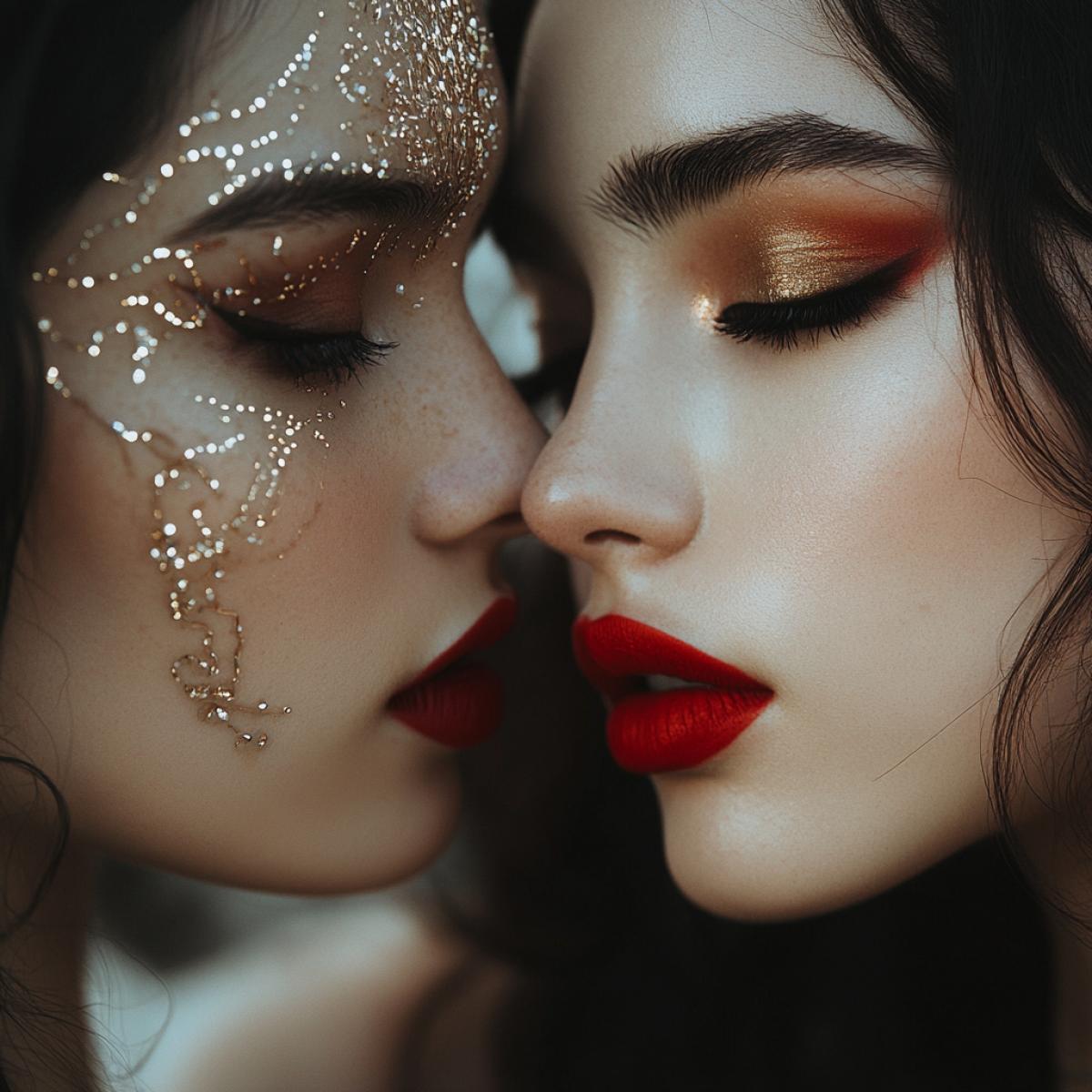 Two beautiful brunettes look at each other. Their faces have beautiful patterns, their lips are painted red.