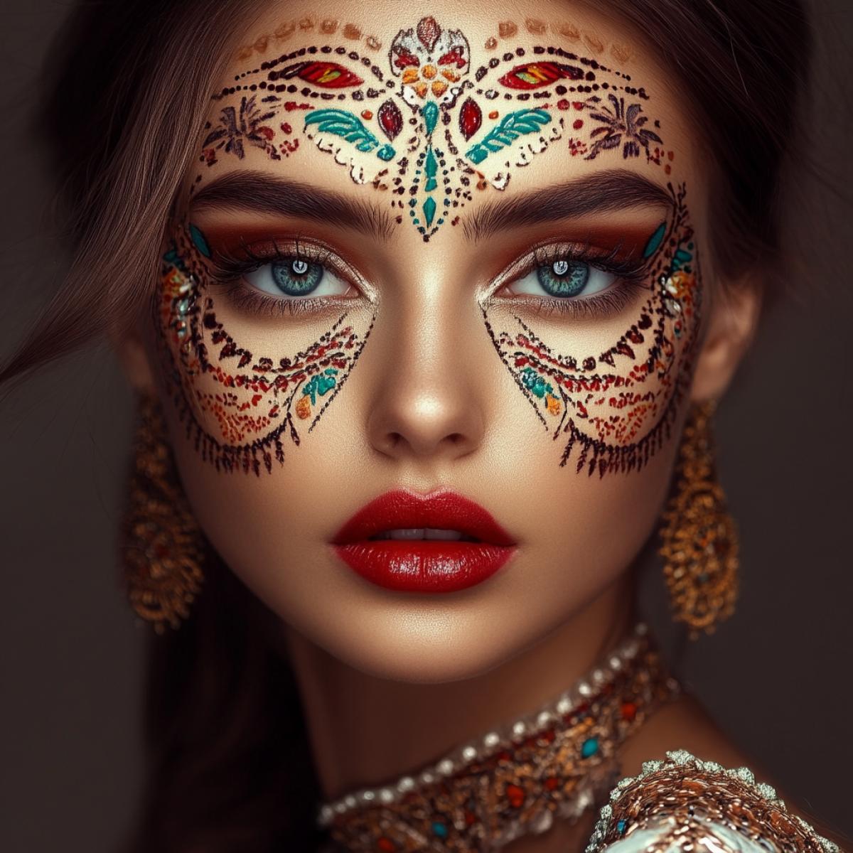 Beautiful brunette. Her entire face is decorated with fashionable patterns. style