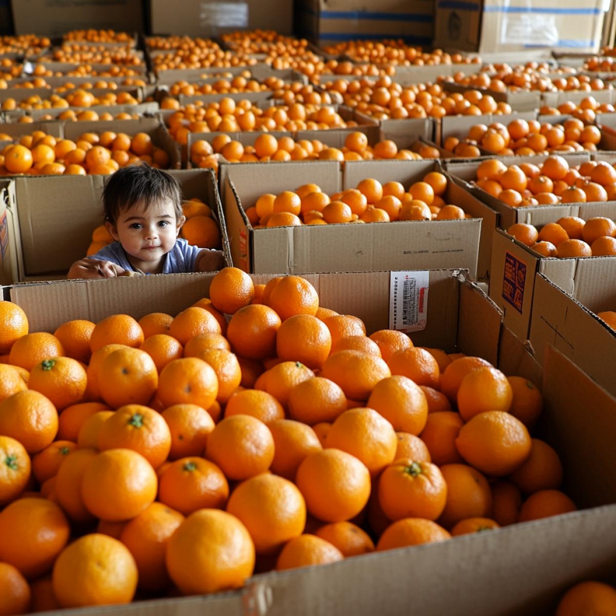 There are hundreds of boxes of ripe tangerines in the large room. There is a small child in one box of tangerines.