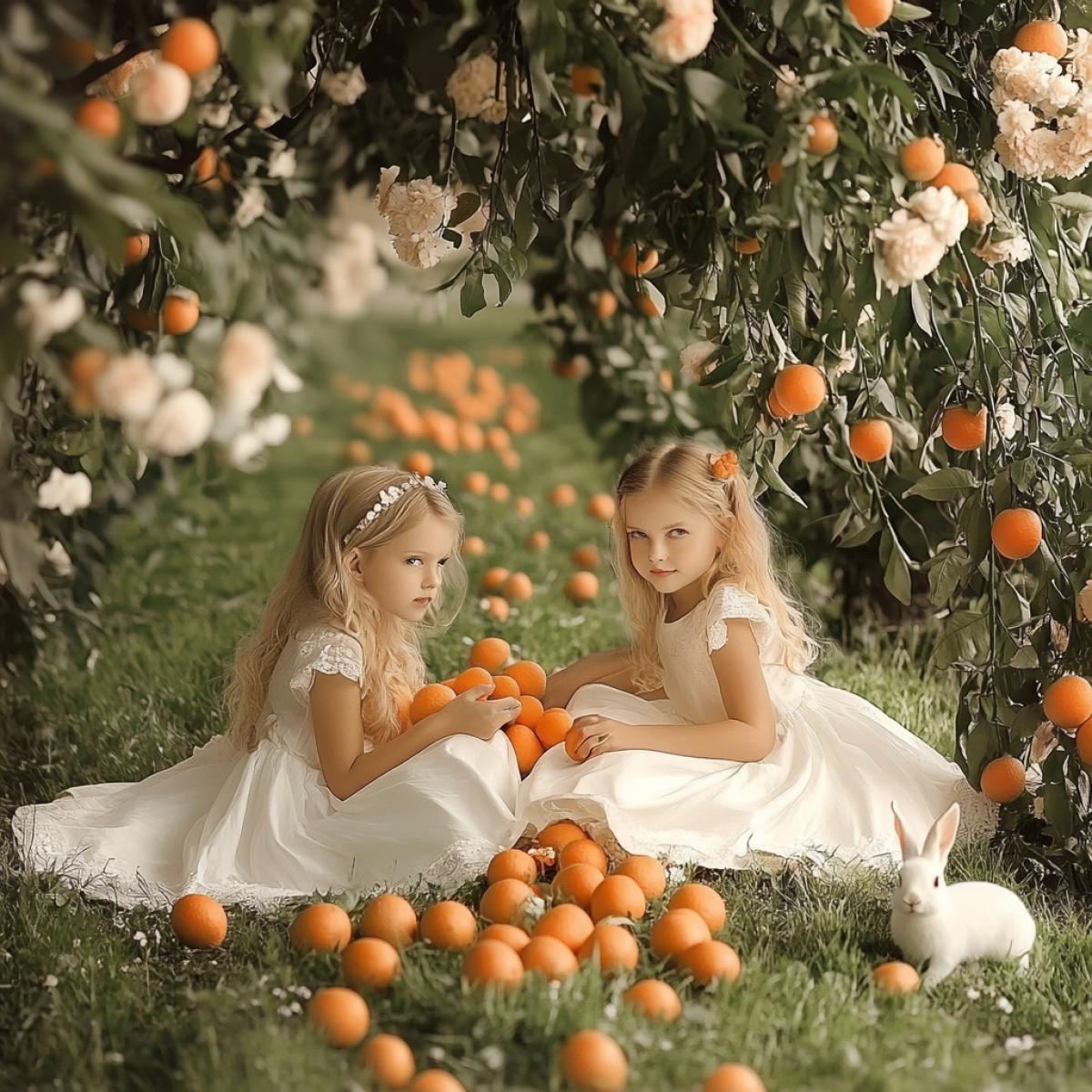 Beautiful girls in beautiful dresses sit on the green grass under a tangerine garden and relax. Hundreds of small tangerines lie on the grass near them, and tangerines are also visible on the trees. Flowers grow on the grass, cute white rabbits run