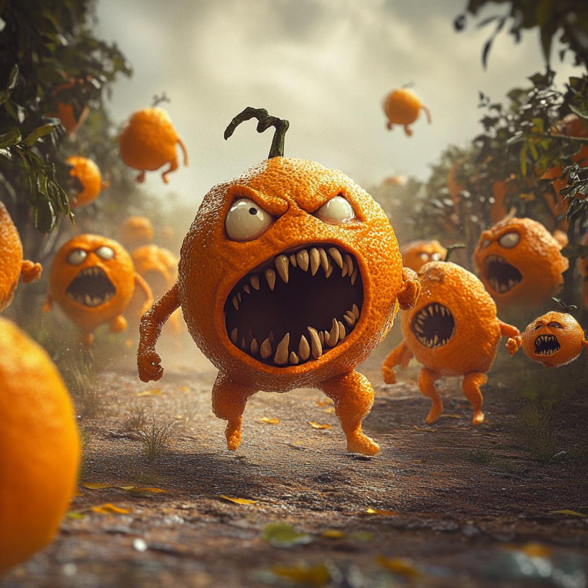 Tangerine monsters run after a frightened man. Funny picture of a tangerine invasion