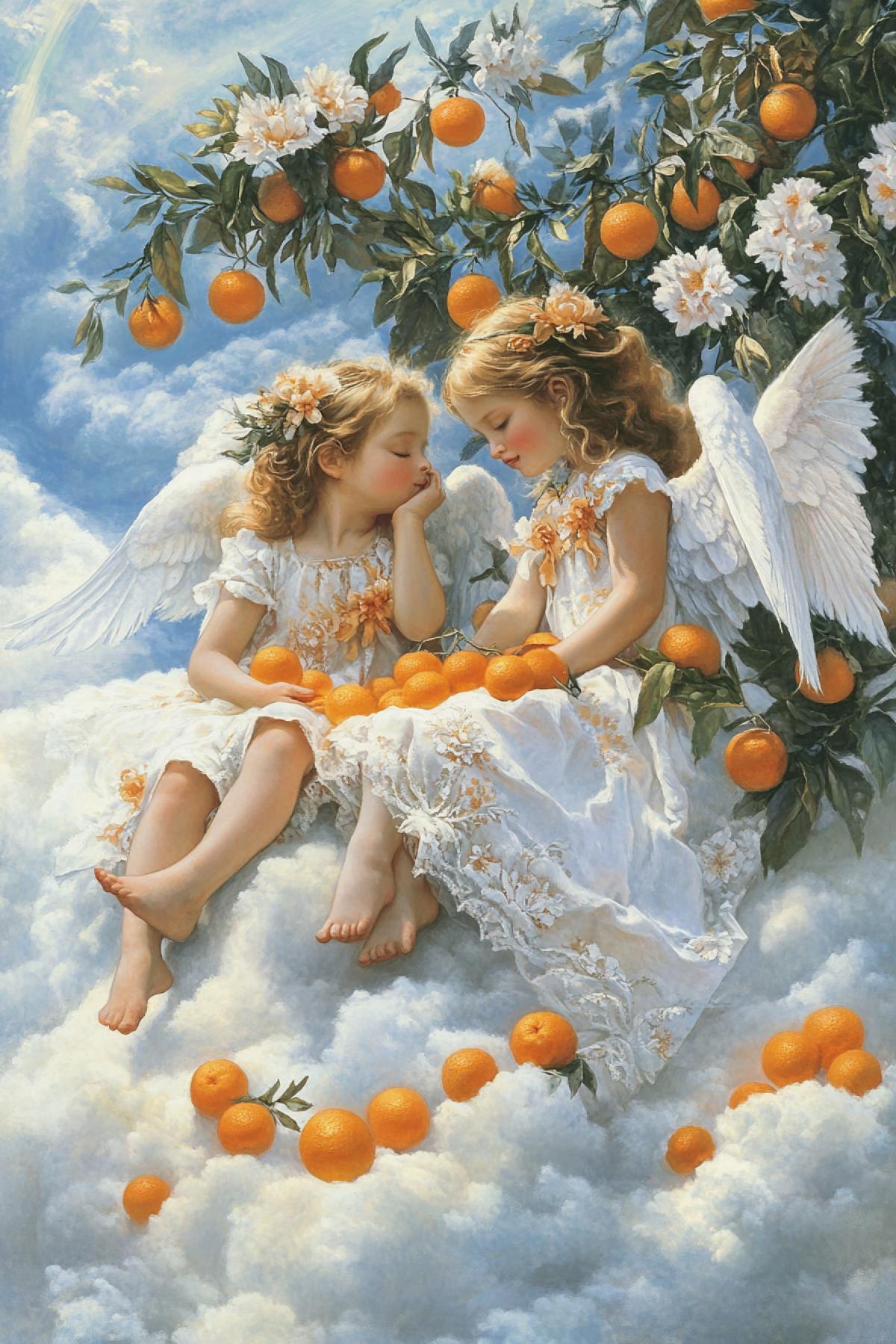 Beautiful angels sit on fluffy clouds under a tangerine tree and relax. Near them, hundreds of small tangerines lie on the clouds, and tangerines are also visible on the trees. Flowers grow on the clouds, cute white rabbits with wings run