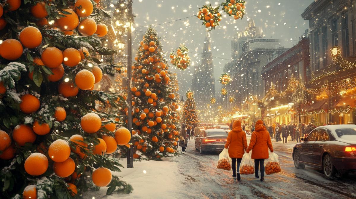 wide landscape orientation, New Years atmosphere, lights, Christmas trees, city, cars, the whole city is covered with tangerines. Tangerines on Christmas trees, tangerines falling from the sky, people in orange jackets carry transparent bags with tangerines, tangerines everywhere, high quality print, photographic style image, ultra-realistic