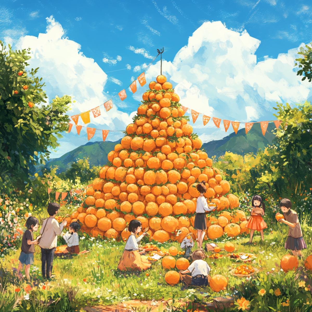 Anime drawing. A pyramid of tangerines was built in the field. There are flags around that say Happy Tangerine Day. In a field where there are many flowers, people relax with their families and eat tangerines. Holiday mood