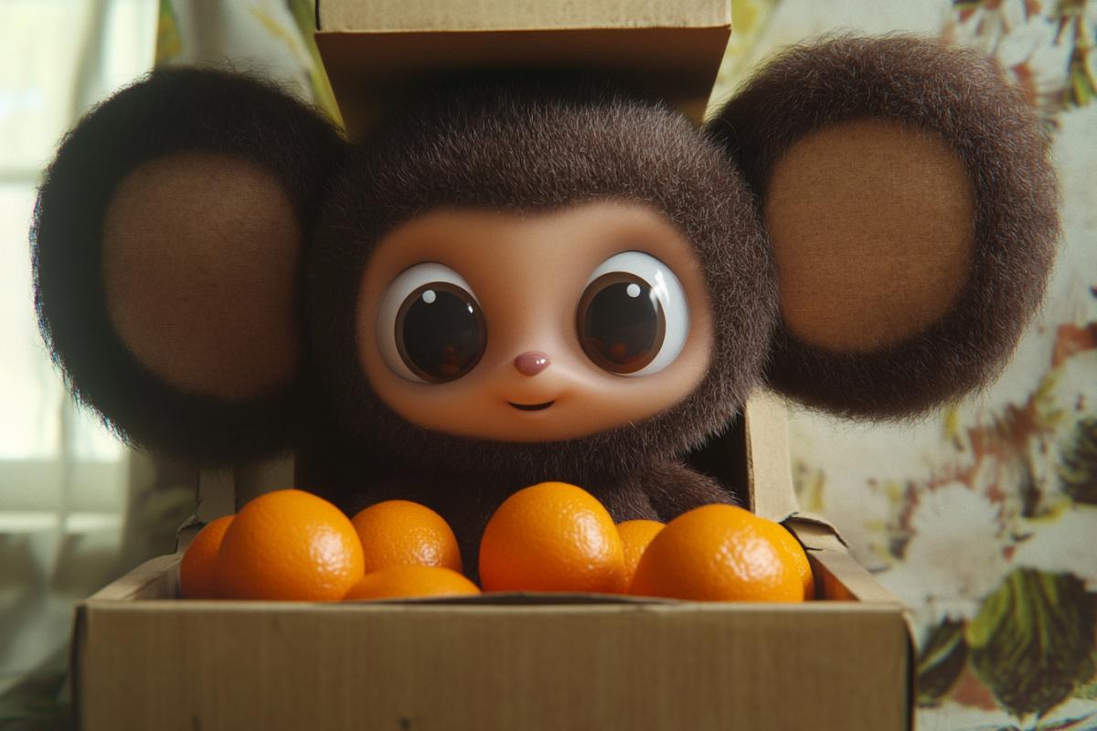 Cheburashka with big round ears from a Soviet cartoon looks out of a box with tangerines