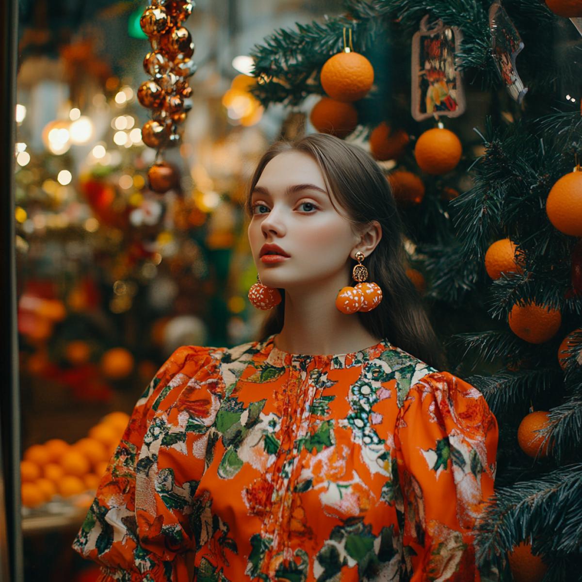 The girl is wearing a dress with designs of tangerines, on her ears there are beautiful earrings in the form of small tangerines, and a pendant on her neck in the form of a tangerine. She stands opposite the store window, where there is a decorated Christmas tree and many tangerines.