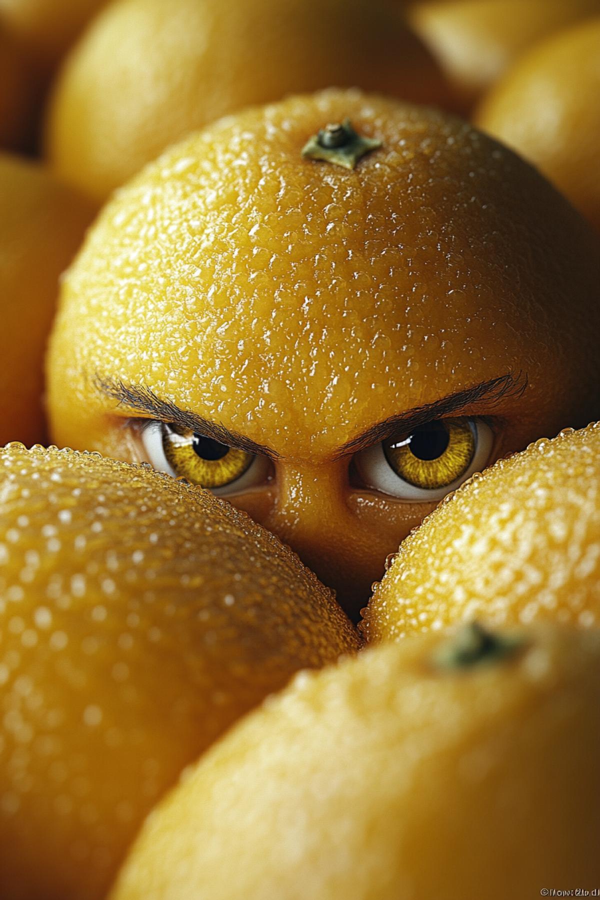 Sly eyes peering out from a pile of tangerines.