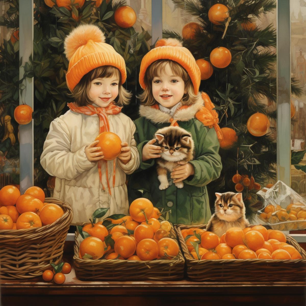 Joyful children in festive costumes with drawings of tangerines stand at the display case, where there is a decorated Christmas tree; there are many tangerines on the display case. Some children are holding baskets with tangerines. A puppy is running nearby