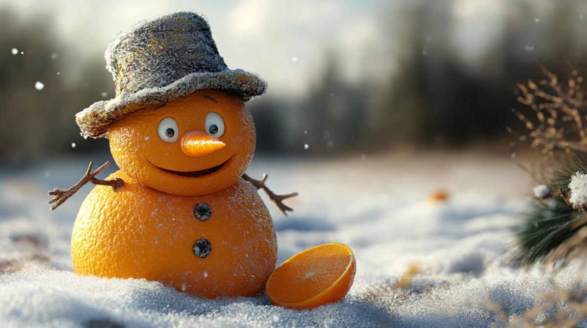 orange tangerine snowman. Comical, funny. humor, 3D, cartoon, Tim Burton ultra-precise graphics, light, high quality, filigree, detailed drawing, hyper-detailed